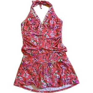 Walk on Beach Tankini Set Womens 2XL Pink Floral Halter Top Swim Skirt 2pc